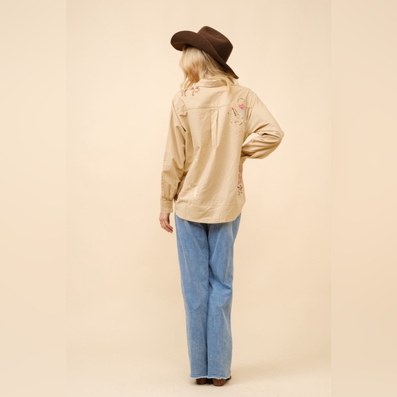 Embroidered Western Cowgirl Linen Shirt Blouse - Blue B - Picture 5 of 7